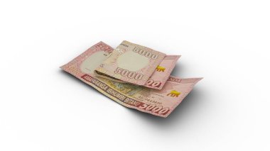 3D rendering of Double 5000 Rwandan franc notes with shadows on white background