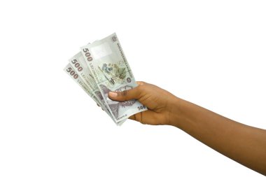 Üç boyutlu adil el ele tutuşması, Rumen leyi notalarını beyaz arkaplanda izole etti