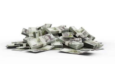 3D Stack of 500 romanian leu tenge notes isolated on white background