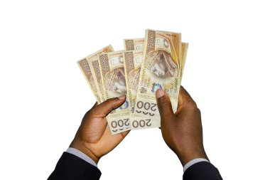Black Hands in suit holding 3D rendered polish zloty notes