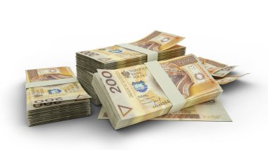 3D Stack of 200 Polish zloty notes isolated on white background