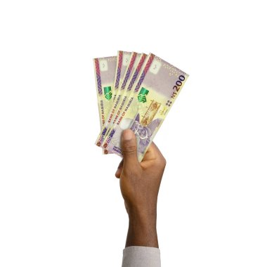 Black Hand holding 3D rendered 200 Namibian dollar notes isolated on white background
