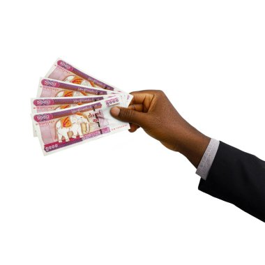 Black Hand with suit holding 3D rendered Myanmar kyat notes isolated on white background