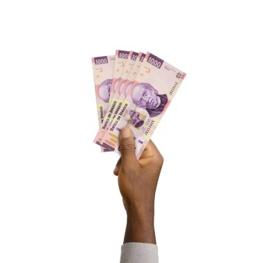 Siyah El 'in elinde 3D, beyaz arka planda izole edilmiş 1000 Meksika pesosu vardı.