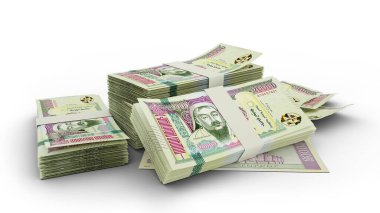 3D yığın 20.000 Moğol togrog notaları beyaz arka planda izole edildi