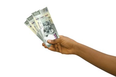 Fair hand holding 3D rendered Mexican Peso notes isolated on white background
