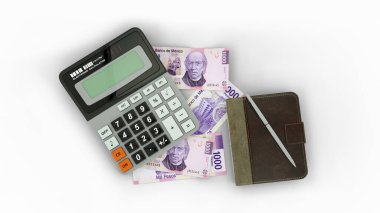 3D rendering of an isolated composition of Mexican Peso notes, a calculator, a note book and a pen
