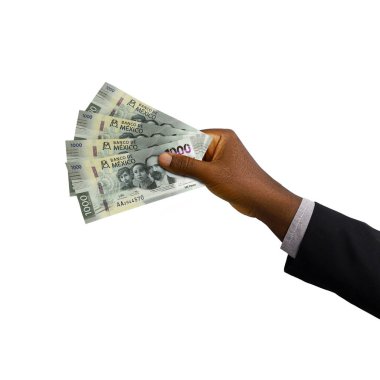 Black hand with suit holding 3D rendered Mexican peso notes isolated on white background
