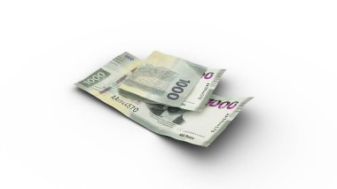 3D rendering of 1000 Double Mexican Peso notes with shadows isolated on white background