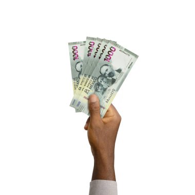 Hand holding 3D rendered Mexican Peso notes