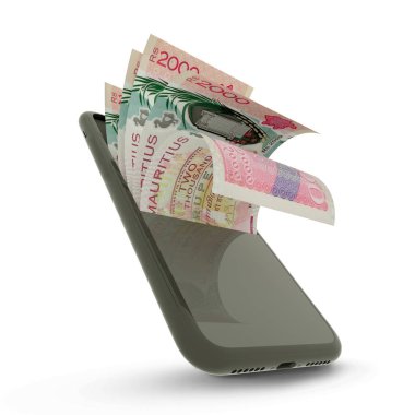3D rending of Mauritian rupee notes inside a mobile phone