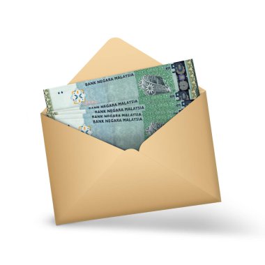 Malaysian ringgit notes inside an open brown envelope. 3D illustration of money in an open envelope