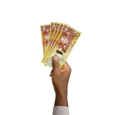 Siyah El 'in elinde 3D var. Beyaz arkaplanda 200 Lesothan loti notası var.