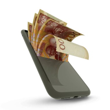 Beyaz arkaplanda izole edilmiş bir cep telefonunun içindeki lesothan loti notalarının 3B rendelenmesi