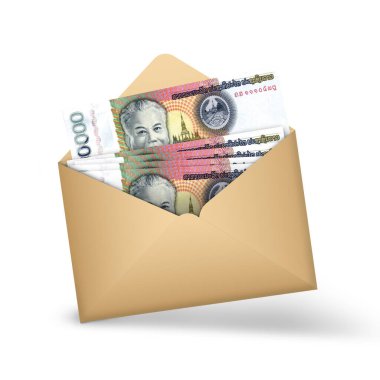 Laotian kip notes inside an open brown envelope. 3D illustration of money in an open envelope