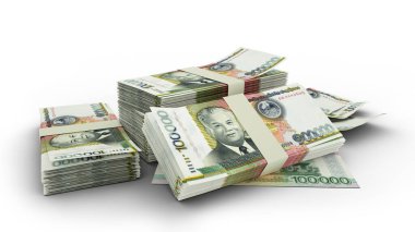 3D Stack of 100000 Laotian kip notes isolated on white background