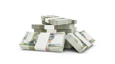 3d rendering of Stack of Laotian kip notes. bundles of Laotian currency notes isolated on white background