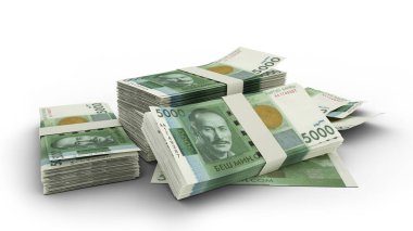 3D Stack of 5000 Kyrgyzstani som notes isolated on white background