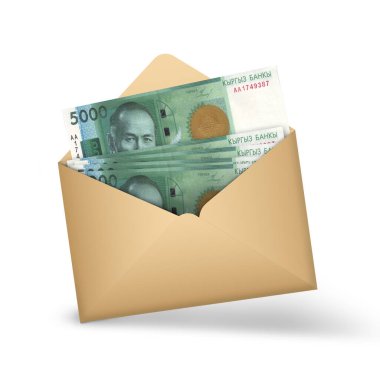 Kyrgyzstani som notes inside an open brown envelope. 3D illustration of money in an open envelope