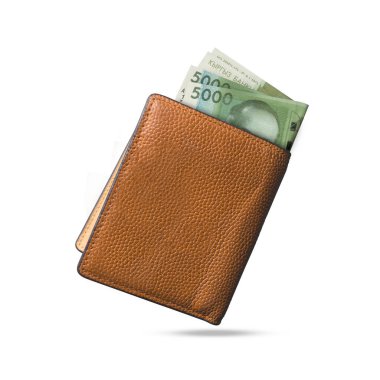 3D rendering of Kyrgyzstani som notes popping out of a brown leather mens wallet