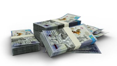 3D Stack of 20000 Kazakhstani tenge notes isolated with loose notes on the side on white background
