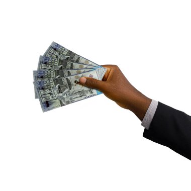 Black hand with suit holding 3D rendered 20000 Kazakhstani notes isolated on white background