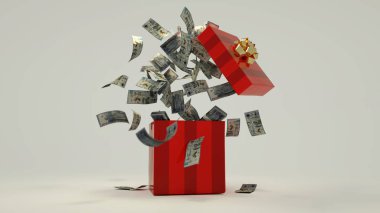 3D rendering of A lot of 20000 Kazakhstani notes coming out of an opened red gift box