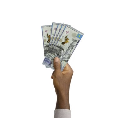 Black Hand holding spread-out 3D rendered 20000 Kazakhstani notes