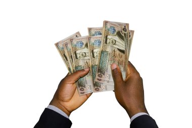 Black Hands in suit holding 3D rendered Jordanian dinar notes
