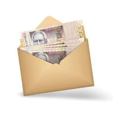 Açık kahverengi bir zarfın içinde 1000 tane Haiti kabağı var. Açık bir zarfta üç boyutlu para illüstrasyonu