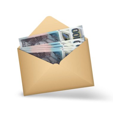 Eastern Caribbean dollar notes inside an open brown envelope. 3D illustration of money in an open envelope