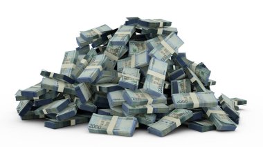 Dominik pezosu yığını beyaz arka planda çok para bırakıyor. 3 boyutlu nakit demetleri oluşturma