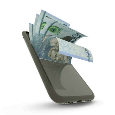 3D rending of Dominican peso notes inside a mobile phone
