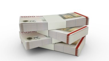 3D yığın halinde 1000 Danimarka kronu. Tamam. Beyaz arkaplanda birkaç deste Danimarka parası izole edilmiş
