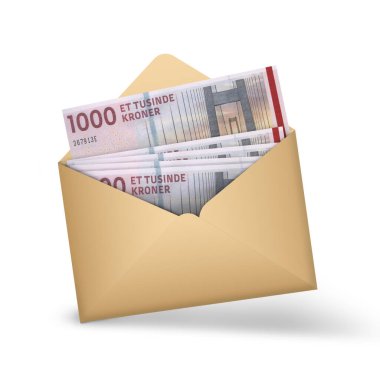 1000 Danish krone notes inside an open brown envelope. 3D illustration of money in an open envelope