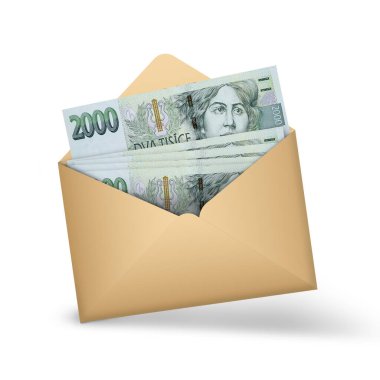 Czech koruna notes inside an open brown envelope. 3D illustration of money in an open envelope
