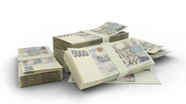 Beyaz arkaplanda 3 boyutlu 5000 Çek koruna banknotu izole edildi