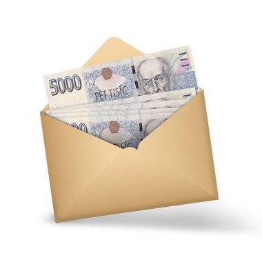Açık kahverengi bir zarfın içinde Çek korunası notları var. Açık bir zarfta üç boyutlu para illüstrasyonu
