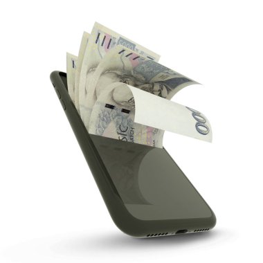 3D rending of Israeli Czech koruna inside a mobile phone