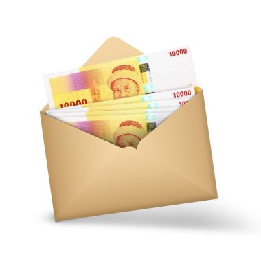 Açık kahverengi bir zarfın içinde Comorian frangı banknotları var. Açık bir zarfta üç boyutlu para illüstrasyonu