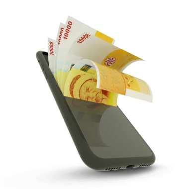 Beyaz arkaplanda izole edilmiş bir cep telefonunda 10000 Comorian franc banknotunun 3D yorumlanması