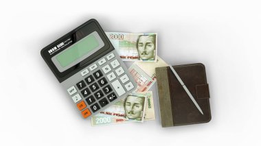 Kolombiya Peso notlarının izole edilmiş bir bileşiminin 3 boyutlu görüntülenmesi, bir hesap makinesi, bir defter ve bir kalem.