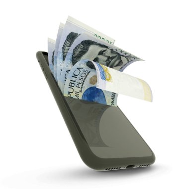 Beyaz arka planda izole edilmiş bir cep telefonunda 20.000 Kolombiya pesosunun 3D görüntüsü. Cep telefonundan para geliyor.