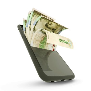 3D rending of Colombian peso notes inside a mobile phone isolated on white background