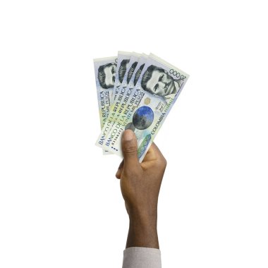 Siyah El 'in elinde 3D var. Beyaz arka planda 20.000 Kolombiya pesosu var.