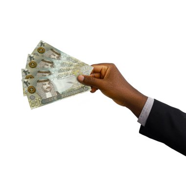Siyah El 'in elinde 3 boyutlu 20 Bahreyn Dinar banknotunu beyaz arka planda izole etti