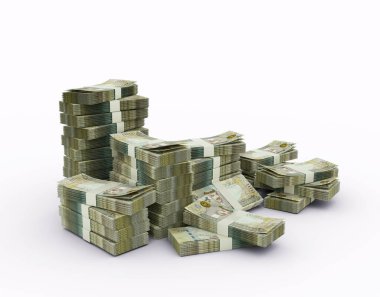 Bir yığın Bahreyn Dinar banknotu. Beyaz arkaplanda izole edilmiş 3d para demetleri