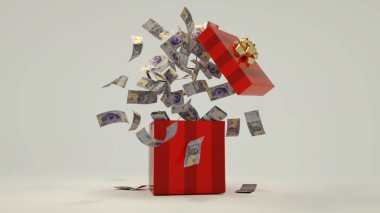 3D rendering of A lot of 5000 Angolan Kwanza notes coming out of an opened red gift box