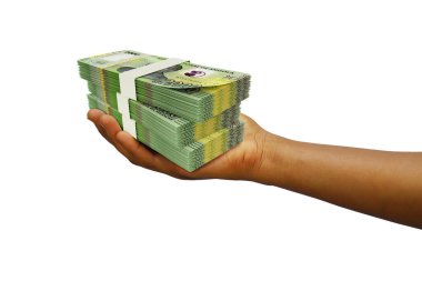 Beyaz arkaplanda 3 yığın Angola Kwanza notunun 3D görüntülenmesi