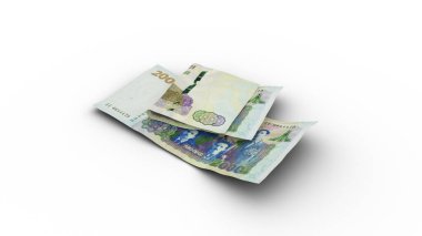 Çift 2000 Cezayir Dinar notlarının üç boyutlu yorumlanması ve beyaz arkaplanda gölgeler